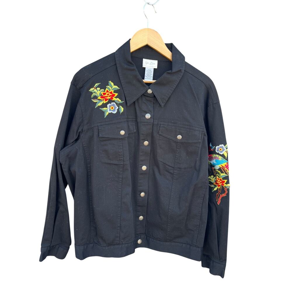 Yi Lin Women's Shirt Flower Peacock Embroidered Button Up Black Plus Size 2X